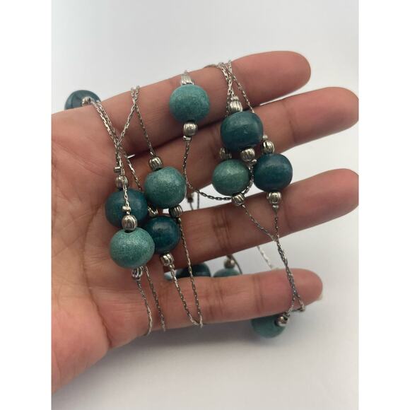 Vintage Green Beaded Silver Tone Bead Chain Necklace B8 - Picture 7 of 9